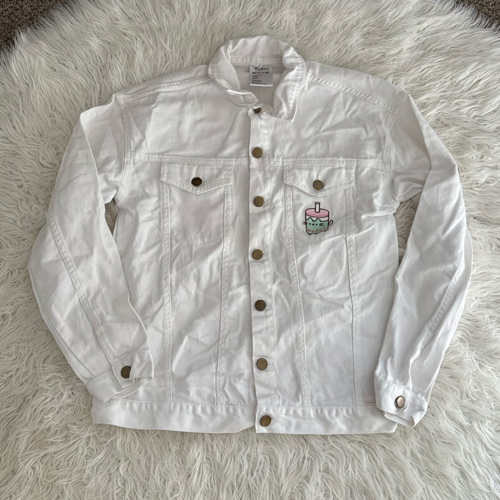 Button Up White Denim Pusheen Boba Cat Jacket